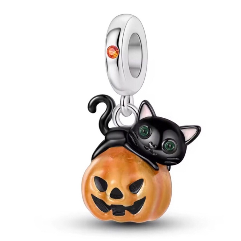 Sterling Silver Halloween Black Cat on Pumpkin Dangle Charm